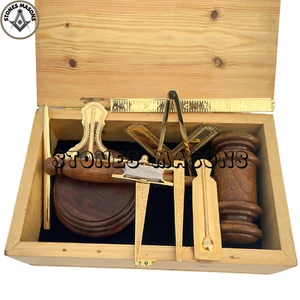 Masonic Standard Working Tools Set Gold Full Size Pine Wooden Box Gavel + Plate - Picture 1 of 10