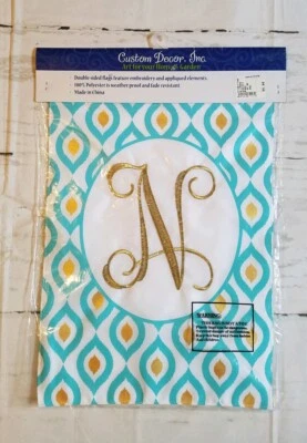 Monogrammed Garden Flag Letter N Custom Decor Blue Gold White Check Teal - Image 1 of 3