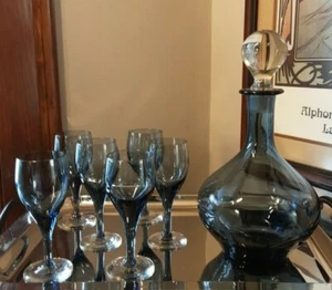 Mid Century Smoke Blue Decanter & 6 Glasses  Scandinavian? - Picture 1 of 9