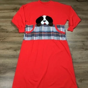 Vintage Nightgown Size L/XL Fleece Puppy Appliqué Front Pouch Pocket Red *READ - Picture 1 of 16