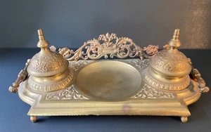 ANTIQUE ORNATE BRASS DOUBLE INKWELL ~ 11” Wide - Picture 1 of 8