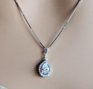 Funkelnder Zirkon Heiligenschein Träne Anhänger Halskette in Sterlingsilber 18" Box Kette - Bild 1 von 7