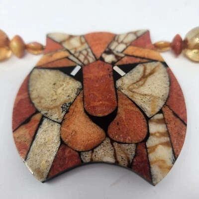 Vintage Lee Sands Necklace Lion Tiger Face Lacquer Mosaic Triple Leather Twist - Image 1 of 4