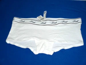 NWT WOMENS VICTORIA'S SECRET PINK WHITE LOGO COTTON BLEND BOYHORT PANTY SIZE S - Picture 1 of 3