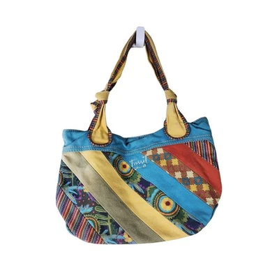 Bolso de Mano FOSSIL Colorido Patchwork Azul Rojo Verde Lona Boho Hippie Foto 1 de 4