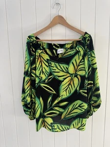 Joseph Ribkoff Blouse Size ? 14 16 Green Black Leaf 3/4 Puff Sleeve Off Shoulder - Picture 1 of 14