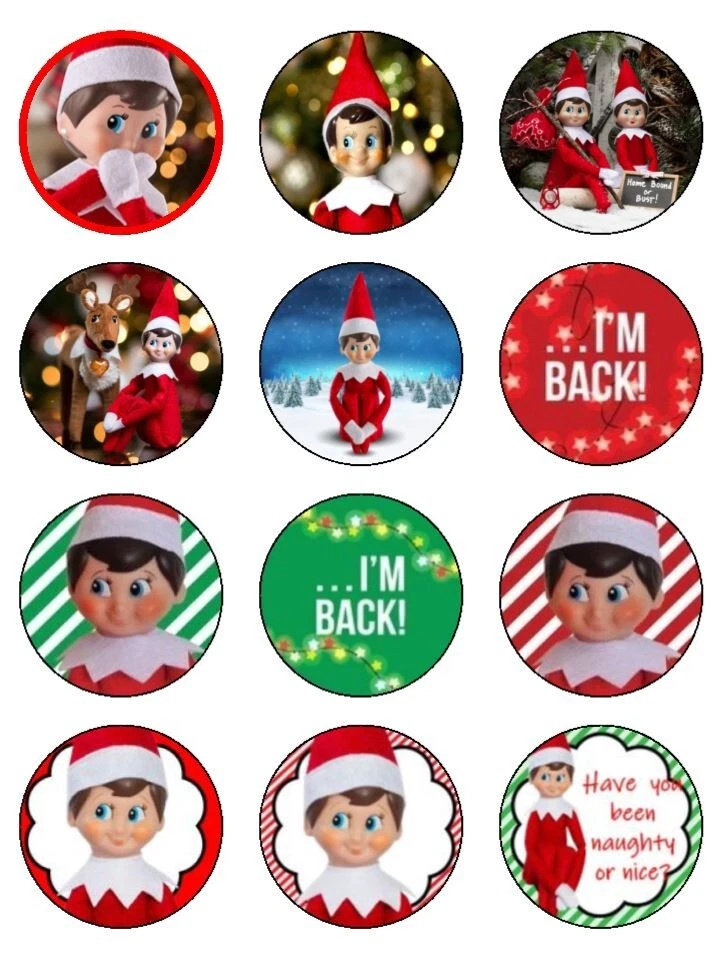 TOP MY CAKES 12 x Christmas Shelf Elf 2" PRE-CUT PREMIUM Rice Paper Cup Cake Toppers
