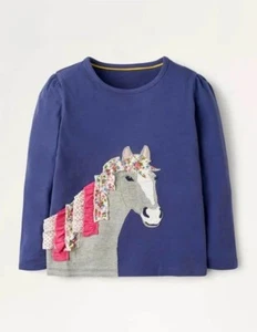 Mini Boden Girl's Long Sleeve Ruffle Applique T-Shirt in Starboard Blue Horse - Picture 1 of 1