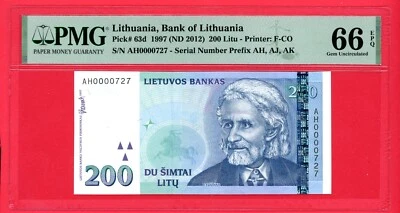 LITHUANIA  200 LITU  1997  AH  LOW # 0000727  PICK # 63d  PMG 66 GEM UNC EPQ. - Image 1 of 2
