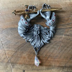 Vintage JJ Jonette Pewter Wizard Brooch Badge - 9 x 9cm - Picture 1 of 7