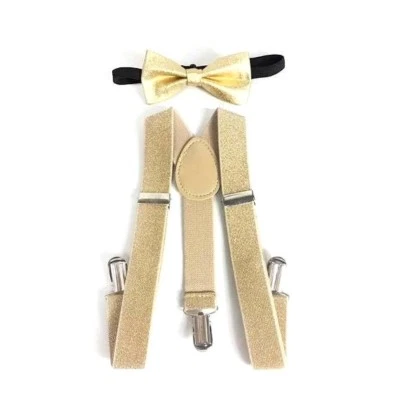 New Metallic Gold Suspender Bow Tie Matching Baby Toddler Kids Boys Girls Child - Image 1 of 4