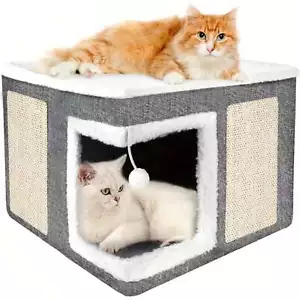 Indoor cat bed, large cat house with two scratching boards and hanging ball - Picture 1 of 9