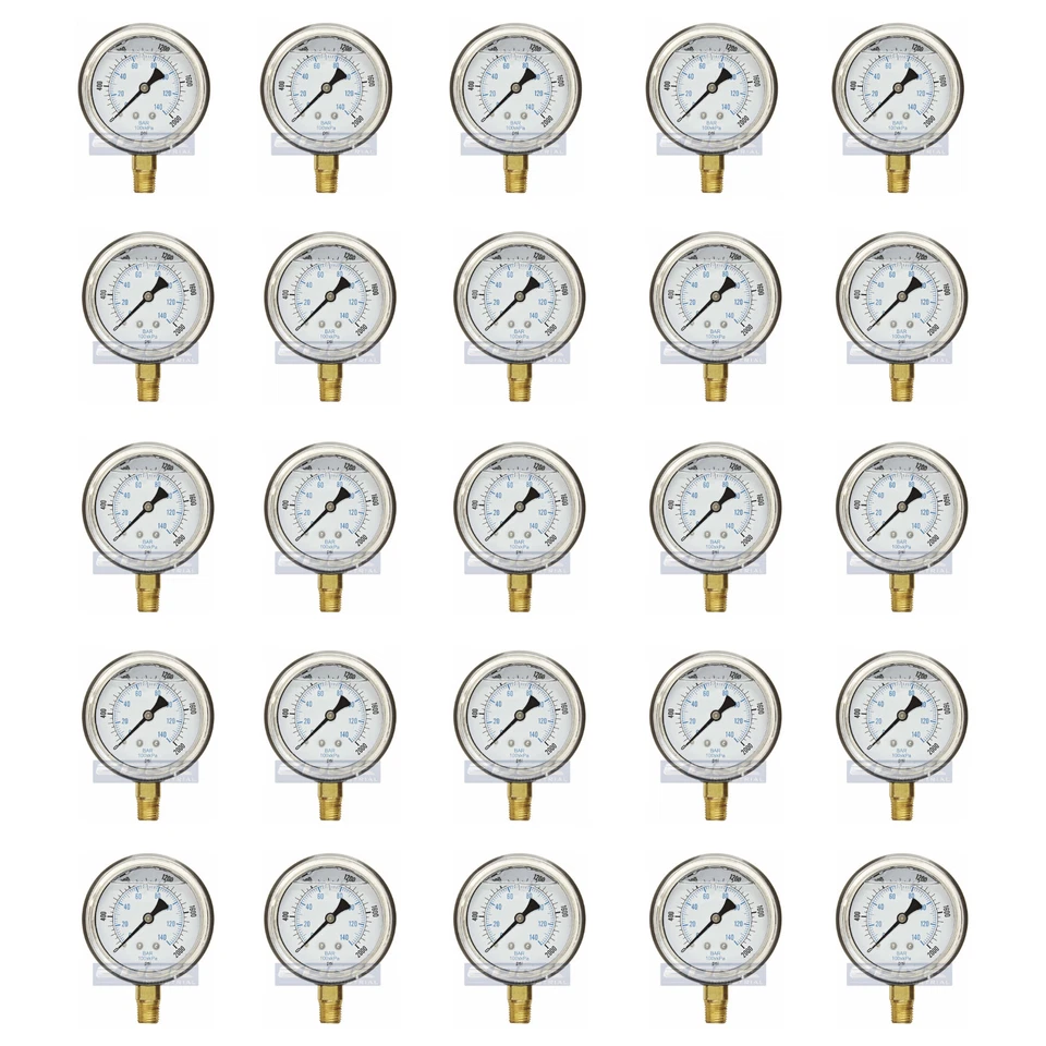 25 PACK LIQUID FILLED PRESSURE GAUGE 0-2,000 PSI 2.5" FACE, 1/4" NPT LOWER MOUNT - Image 1 of 4