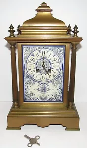 Antique Japy Freres French Bronze & Porcelain Delft Tablets Clock 8-Day - Picture 1 of 14