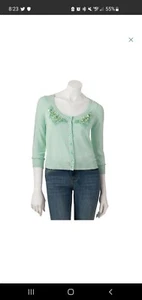Candies Womens Mint Green Beaded Knitted Long Sleeve Cardigan Sweater Size S - Picture 1 of 9