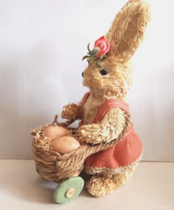 Sisal Straw 13" Bunny Rabbit Basket Eggs Pink Burlap Dress Easter Spring Decor - Picture 1 of 5