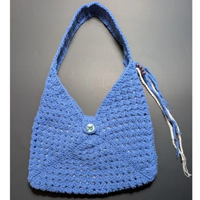 Bolso de hombro tejido a ganchillo hecho a mano forrado Aqua Sky 85 % algodón 15 % poliéster Foto 1 de 4
