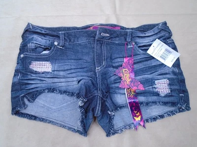 Womens Celebrity Pink Jean Shorts Pink Rhinestones Raw Hem Shorty NWT Size 9 - Image 1 of 4