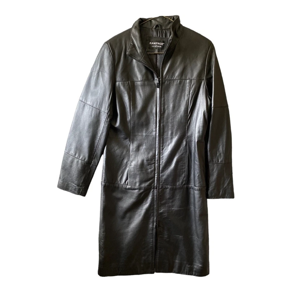 Abrigo para mujer Rampage de cuero genuino negro hasta la rodilla talla mediana Foto 1 de 4