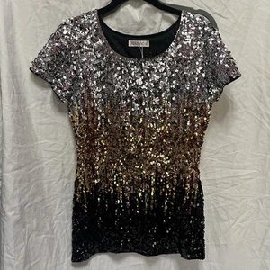 NWOT MANER SILVER  BRONZE SEQUINED EMBELLISHED SHORT SLEEVE TOP SIZE SMALL - Picture 1 of 6