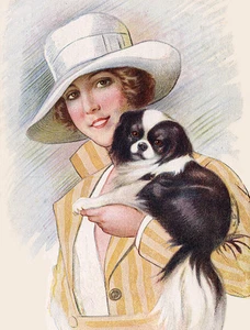 JAPANISCHES KINN CHARMANTE HUND GRUSS NOTIZKARTE GLAMOUR DAME MIT GROSSEM WEISSEN HUT - Bild 1 von 1