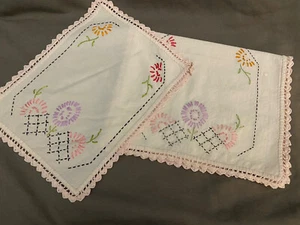 Vintage Lot of 2 Dresser Scarves/Doilies Embroidery & Crochet Handmade OOAK - Picture 1 of 10