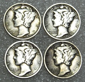 1936, 1936-D, 1936-S, 1937-D MERCURY Dime lot of 4 coins in saflip #F742 - Picture 1 of 2