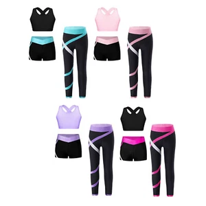 3 Piece Girls Dance Sports Set Crop Top with Shorts Pants Gymnastic Tracksuits - Picture 1 of 30