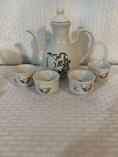 Vintage Chinese Porcelain Teapot 6.5” H With Paintings & 4 Cups 1.5” H