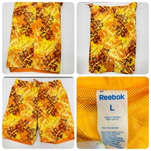 Reebok Swim Trunks Mens L Orange Yellow Drawstring Tie Mesh Lined Floral Print - Picture 1 of 8