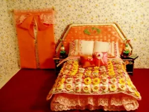 OOK Handmade BED for Dollhouse or Room Box, Comforter Set, Curtains - NEW - Picture 1 of 12