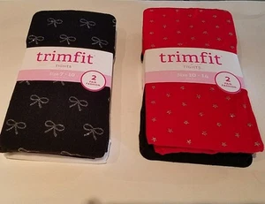 Girls Trimfit Brand 2 pk Black Red White Nylon Tights Stars or Bows Detail M L - Picture 1 of 7
