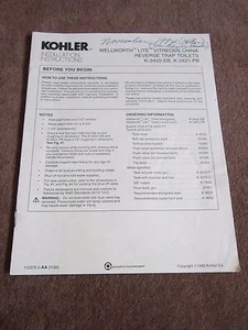 Kohler Installation Instructions Manual ONLY Wellworth Reverse Trap Toilet Guide - Imagen 1 de 3