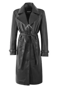 Women's Oversized Trench Coat Black Leather Lapel Collar Knee Length Coat Jacket - Picture 1 of 7