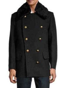 Authentic NEW BURBERRY Men's Black RADCLIFFE Shearling Wool Pea Coat 36 US M - Picture 1 of 18