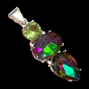 Mystic Topaz & Peridot 925 Silver Plated Handmade Pendant of 1.7" - Picture 1 of 3