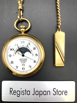 [Exc+5/New Batt]Seiko ALBA Success V338-0010 Pocket Watch Gold Moon phase Quartz - Image 1 of 4