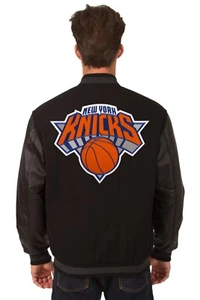 NBA New York Knicks Wool Leather Reversible Jacket Embroidered Patch logos Black - Picture 1 of 6