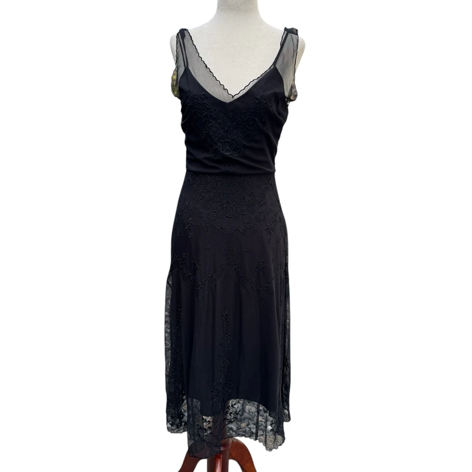 Y2K Whimisgoth Party Midi Dress Sm Black BCBG Beaded Prom Goth Cocktail Dark - Image 1 of 4