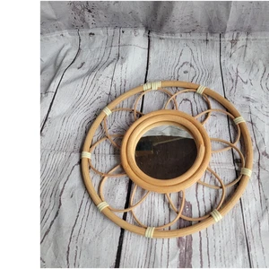 Vintage Boho 9.2" Mirror Round Rattan Mirror with Scalloped Border Vietnam 70s - Picture 1 of 5