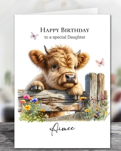 Personalised Highland Cow Glossy Birthday Card with Kraft Envelope - Choose Size - Picture 1 of 3