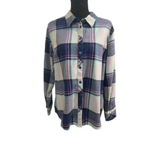 Bit & Bridle Womens Top Size Extra Large Blue Gray Plaid Flannel Long Sleeves - Picture 1 of 6