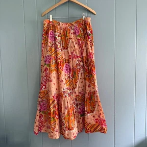 Krazy Kat Patchwork Floral Tiered Maxi Skirt Orange Pink Cotton XL - Picture 1 of 7