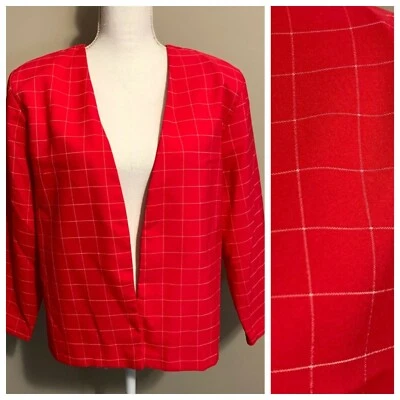 VTG Hot Pink White Windowpane Plaid Open Front Blazer Jacket 80s 90s Size 16 - Image 1 of 4