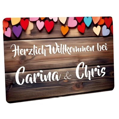 Fussmatte mit Namen -  Herzlich Willkommen bei ... Bunte Herzen Holzhintergrund - Bild 1 von 4