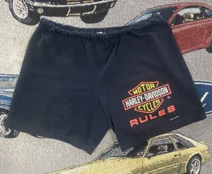 Vintage 90s Harley Davidson Motorcycle Gym Shorts Size L Black 80s Drawstring - Picture 1 of 14