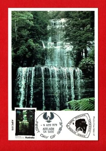 1979 RUSSELL FALLS Tas AU maxi card postcard 20c stamp TASMANIAN DEVIL logo dog - Picture 1 of 2