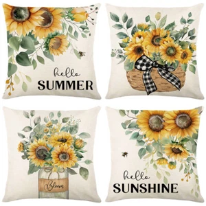 4 PCS Summer Pillow Covers Sunflower Plants Flowers Home Sofa Cushion Covers - Picture 1 of 6