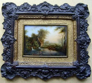 MINIATUR BAUERNHOF MIT TEICHFIGUREN & VIEH HENRI GOBERT FRANZÖSISCH SCH ÖL UM 1850 - Bild 1 von 1