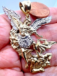 GOLd St Saint San Michael Miguel pendant 14k yellow White Necklace 2.10“ BiG - Picture 1 of 14